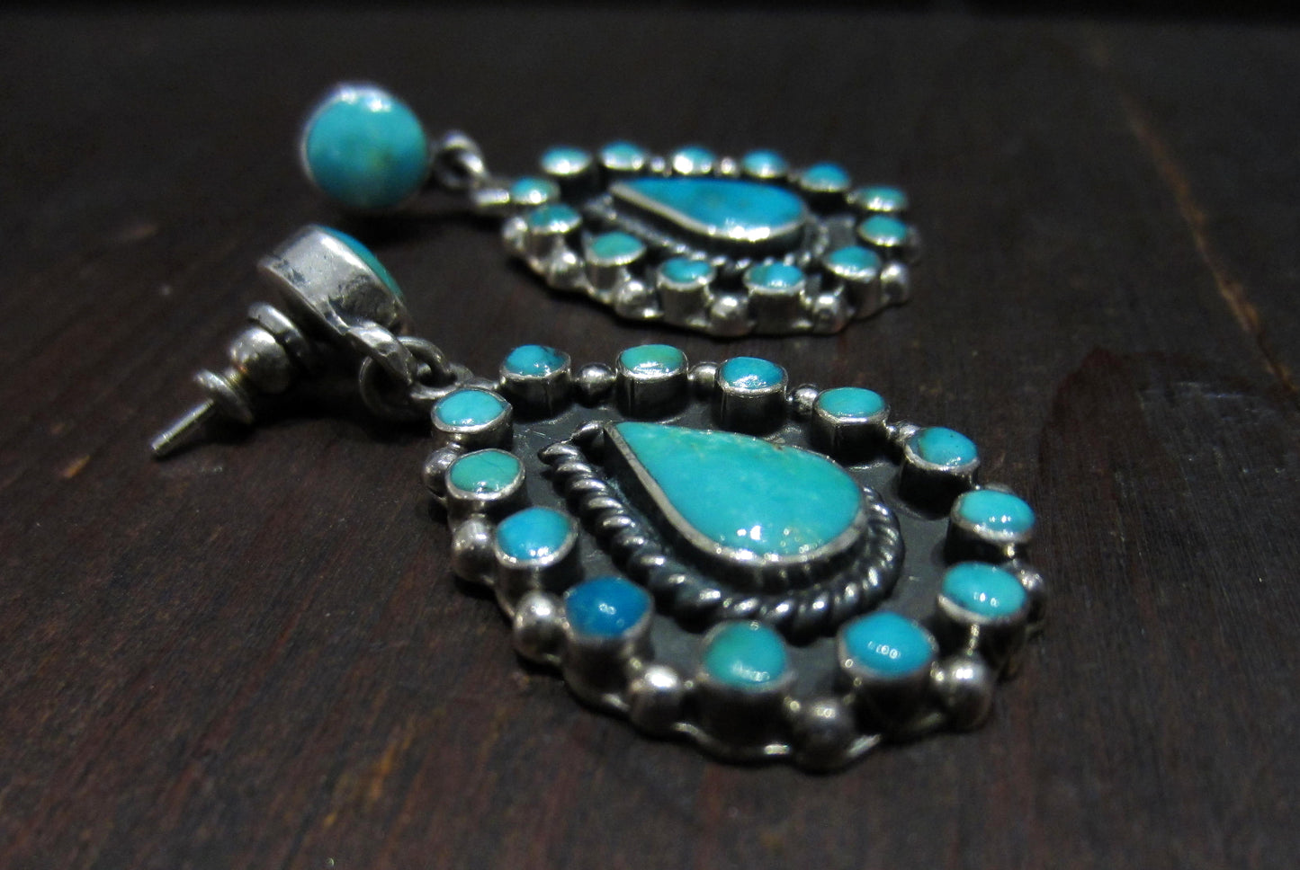 SOLD--Vintage Turquoise Teardrop Earrings Sterling by Federico Jimenez c. 1980