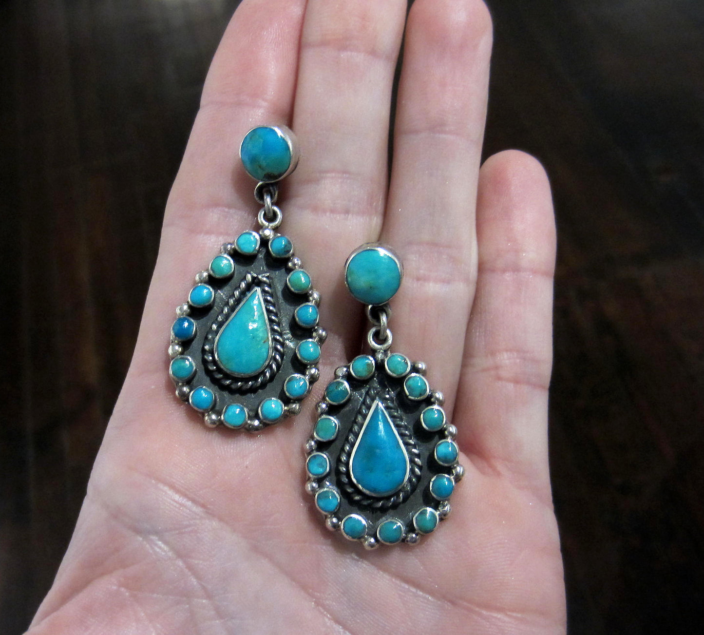 SOLD--Vintage Turquoise Teardrop Earrings Sterling by Federico Jimenez c. 1980