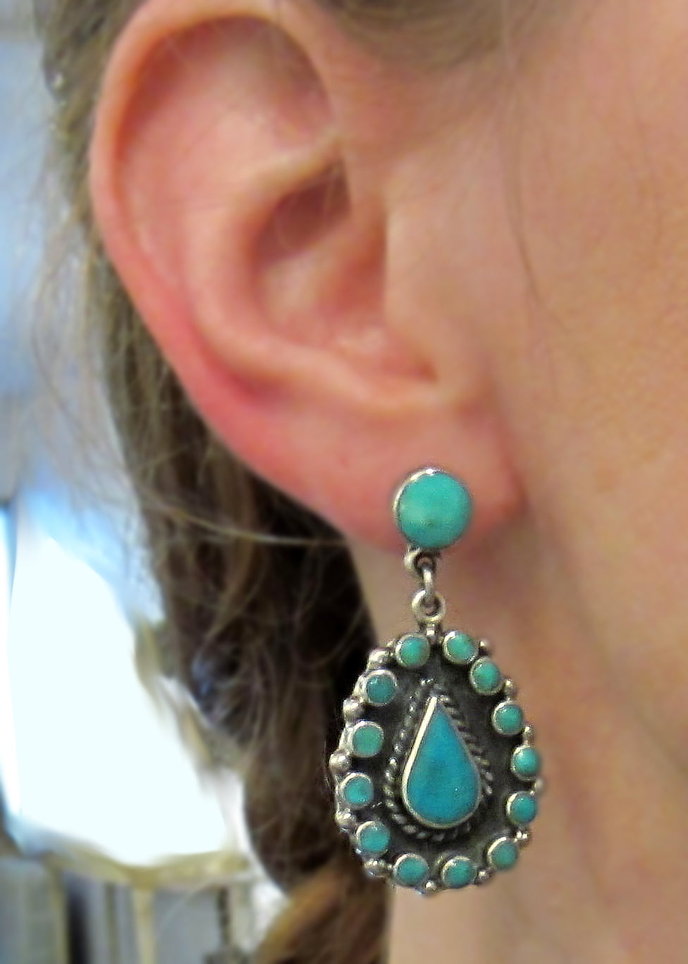 SOLD--Vintage Turquoise Teardrop Earrings Sterling by Federico Jimenez c. 1980