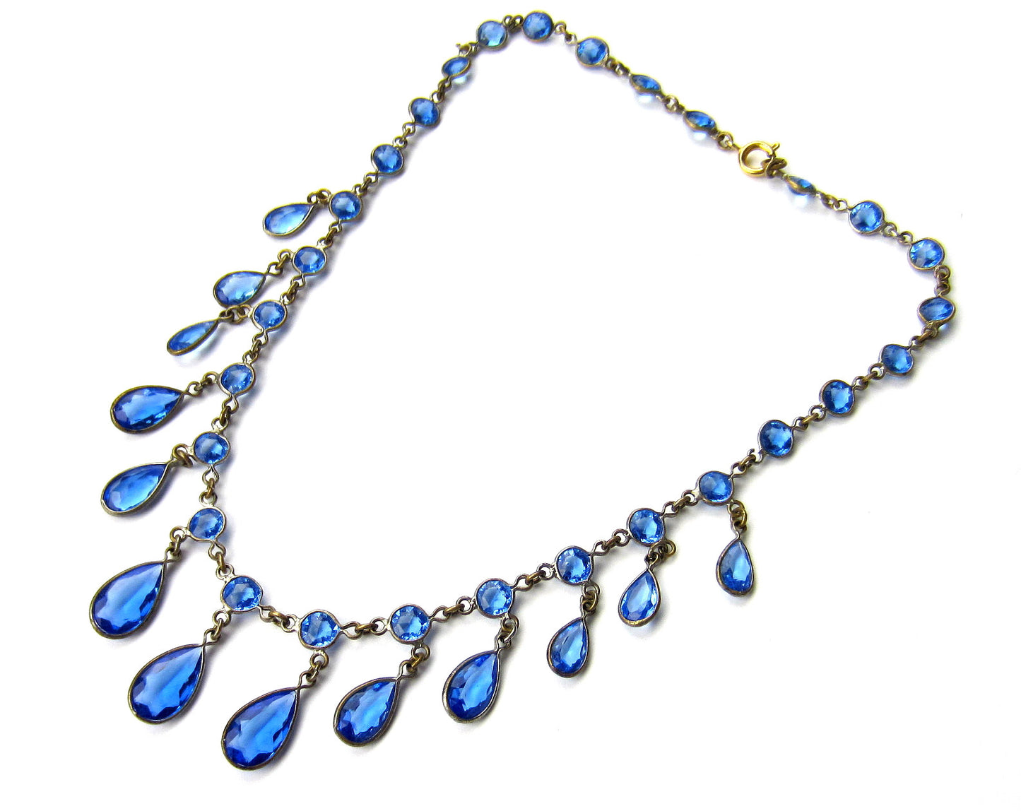 SOLD--Art Deco Blue Glass Fringe Necklace Brass c. 1930