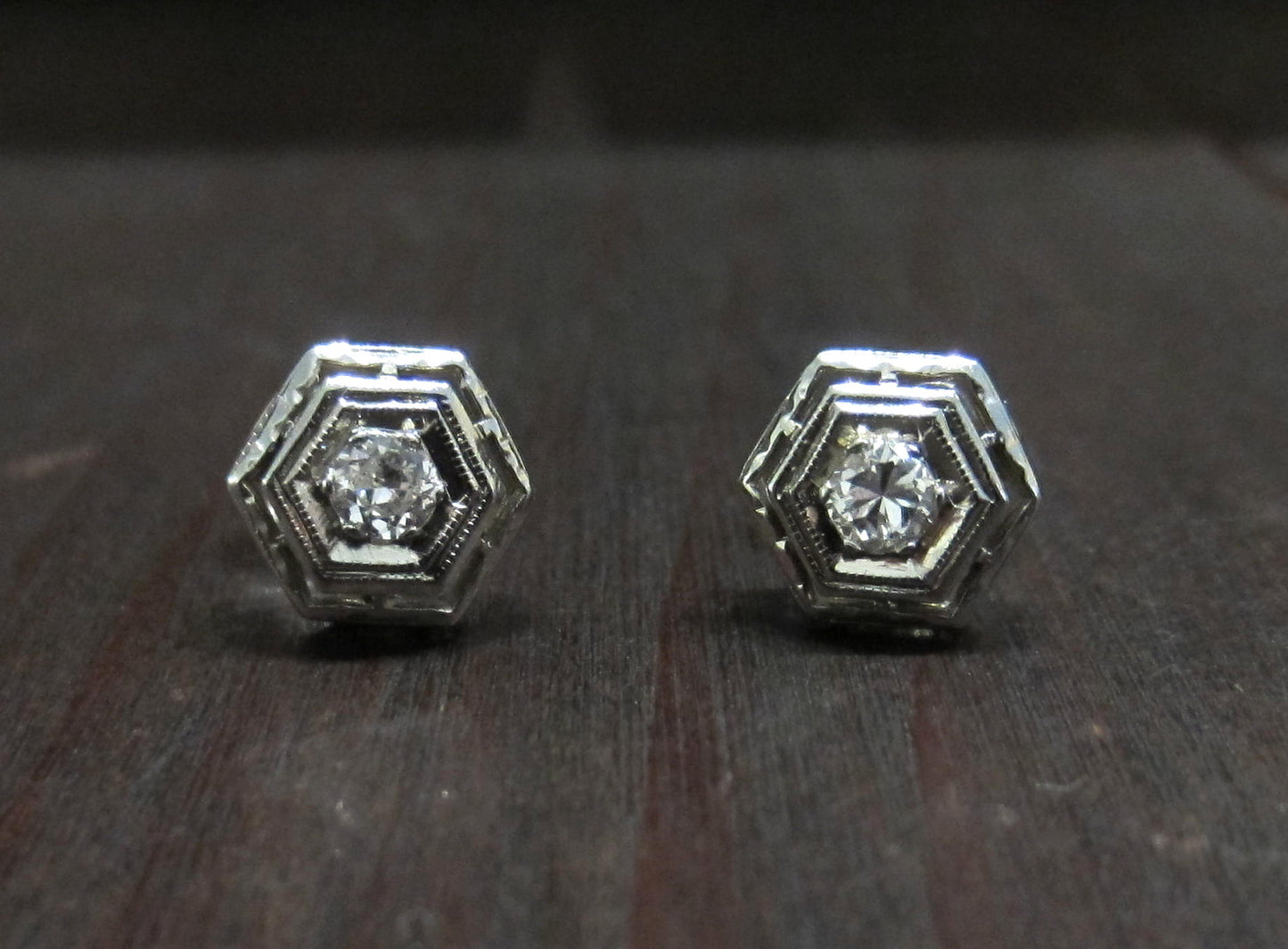 SOLD--Pretty and Petite Art Deco Diamond Stud Earrings 14k c. 1940