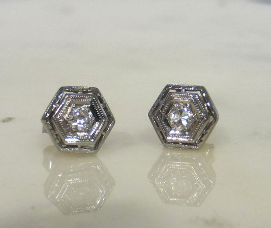 SOLD--Pretty and Petite Art Deco Diamond Stud Earrings 14k c. 1940