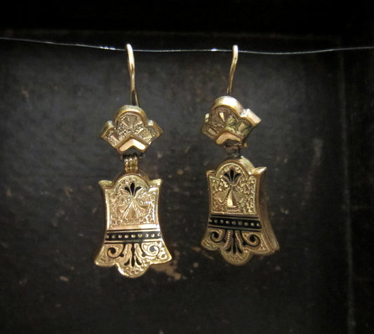 SOLD--Victorian Tracery Enamel Earrings Gold-filled c. 1880