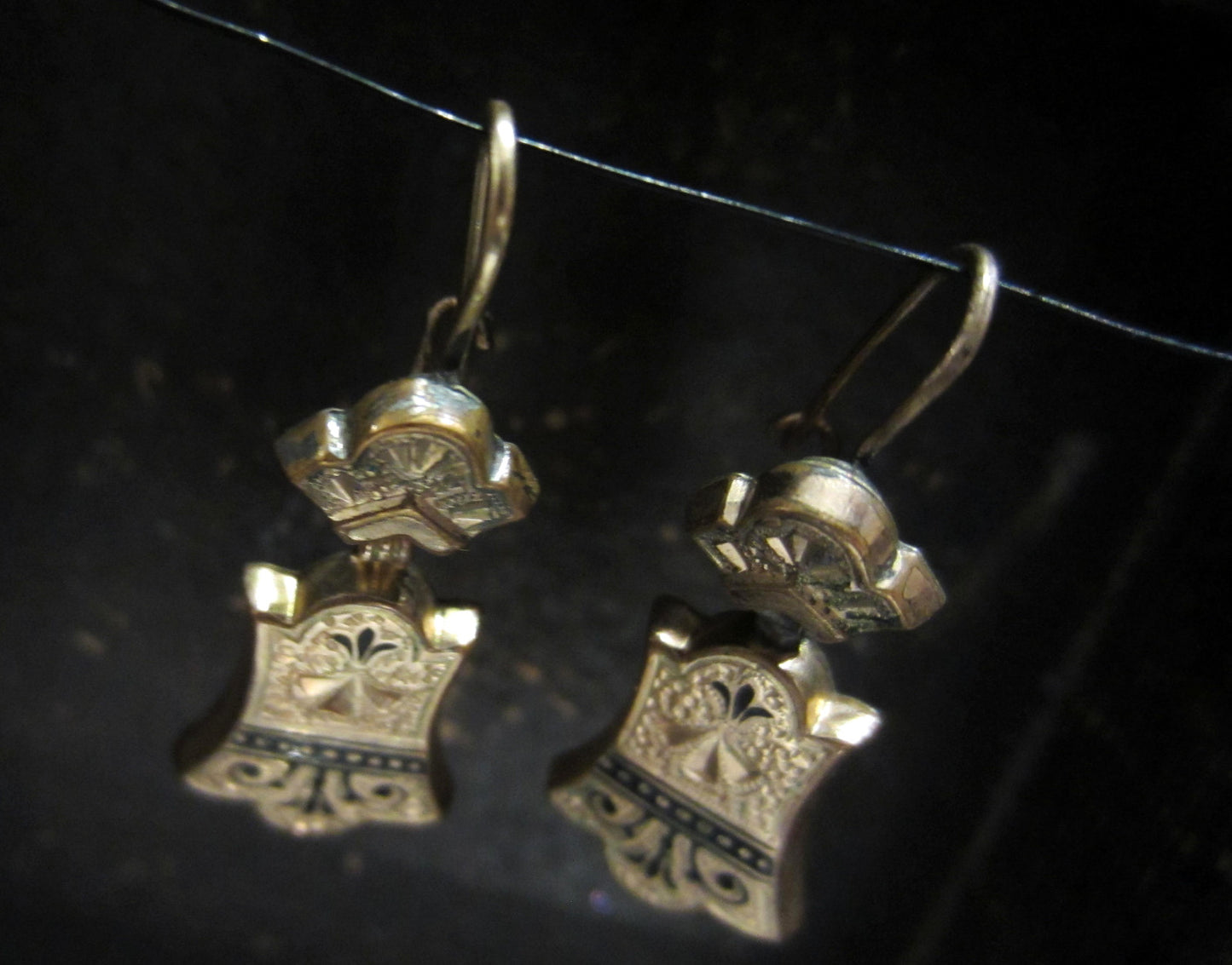 SOLD--Victorian Tracery Enamel Earrings Gold-filled c. 1880