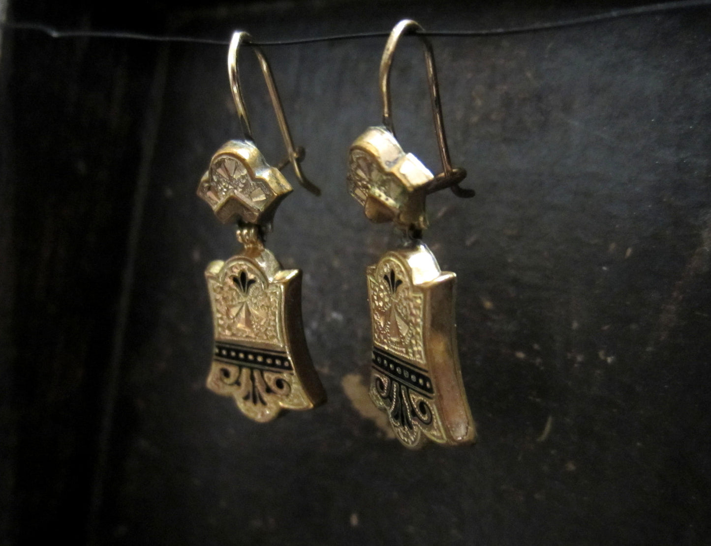 SOLD--Victorian Tracery Enamel Earrings Gold-filled c. 1880
