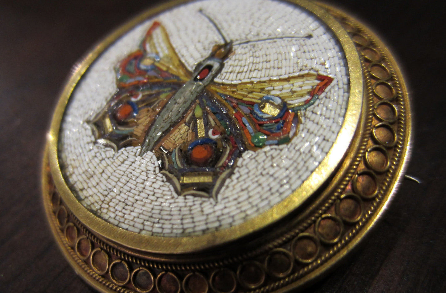 SOLD--Antique Micro Mosaic Brooch, Victorian Moth in 18k c. 1870