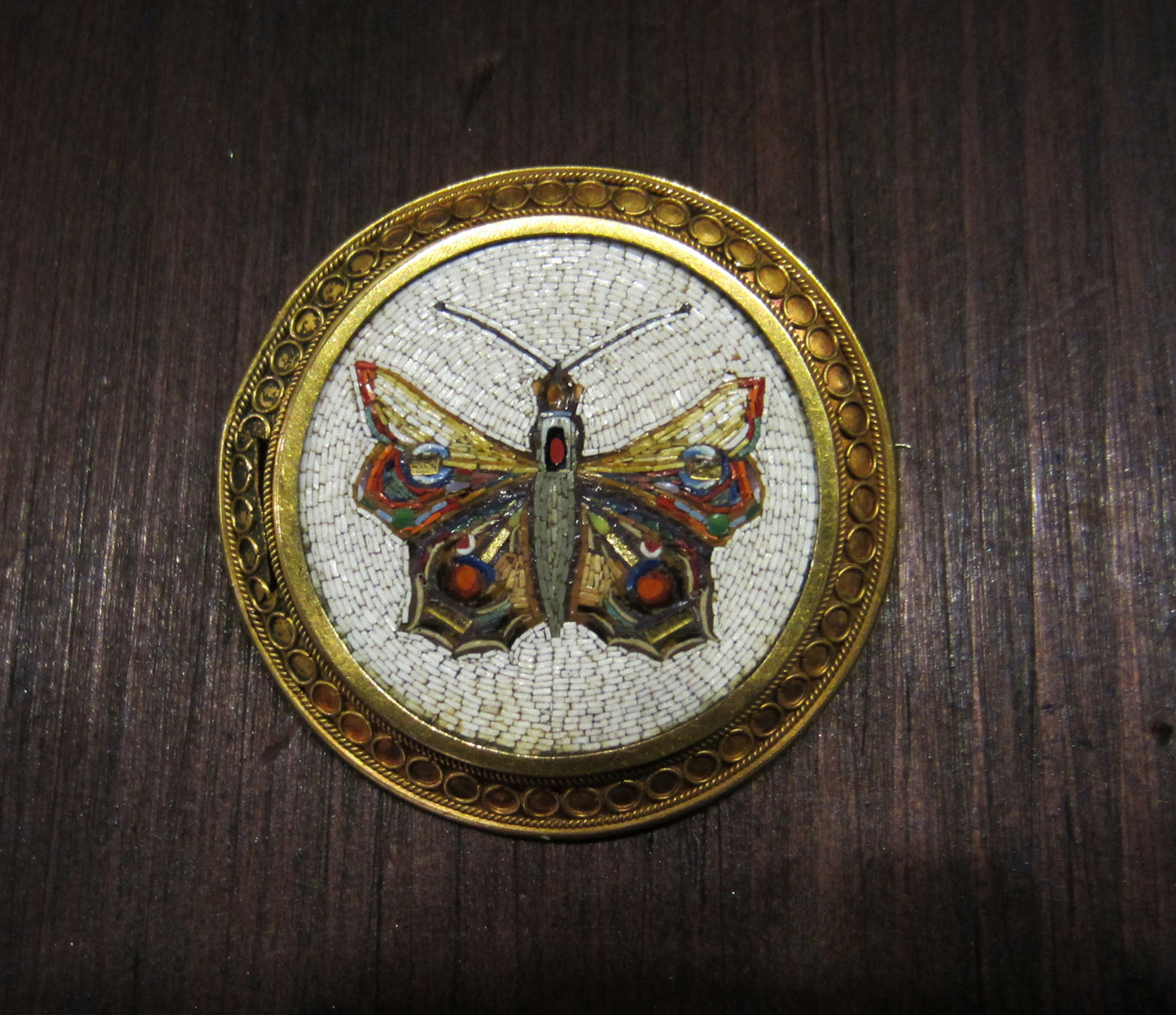 SOLD--Antique Micro Mosaic Brooch, Victorian Moth in 18k c. 1870