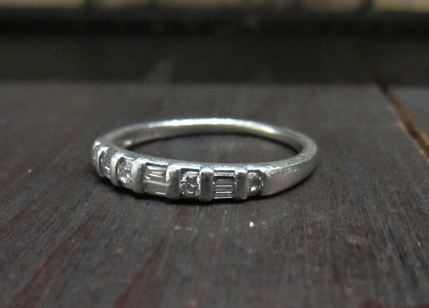 SOLD--Retro Baguette and Round Cut Diamond Band Platinum c. 1950