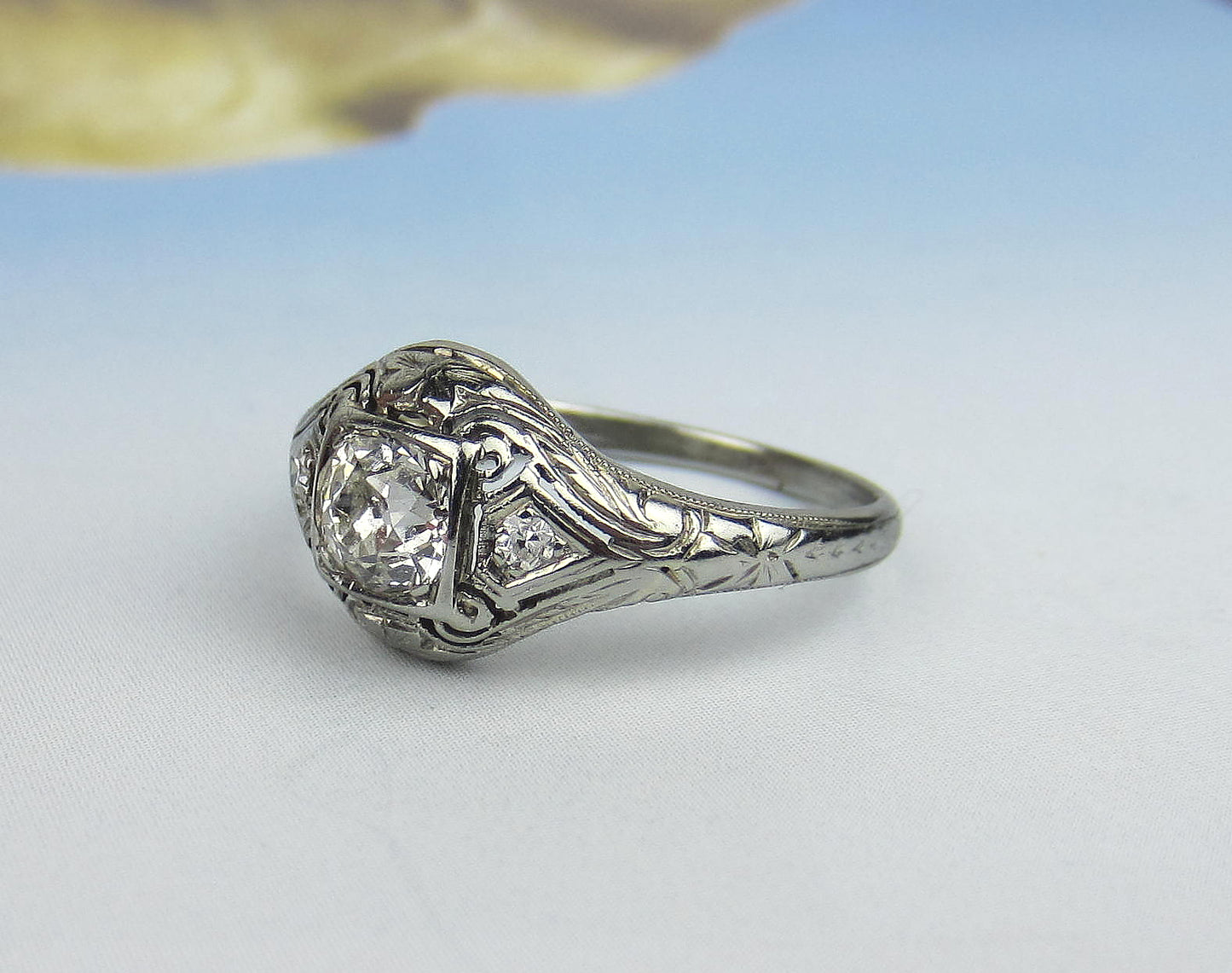 SOLD--Art Deco Old European .71ct Diamond Engagement Ring 18k c. 1920