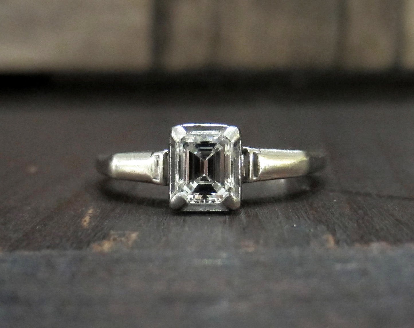 SOLD--Art Deco Emerald Cut Diamond .46ct Engagement Ring 14k c. 1930