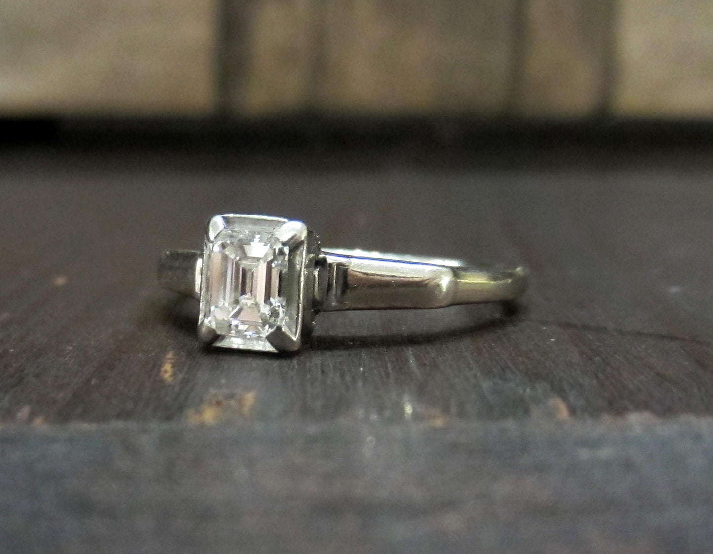 SOLD--Art Deco Emerald Cut Diamond .46ct Engagement Ring 14k c. 1930