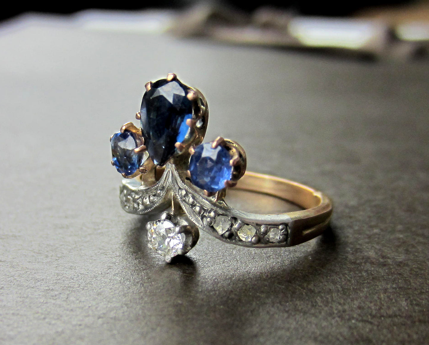 SOLD--Edwardian Sapphire and Diamond Tiara Ring Silver/14k c. 1900