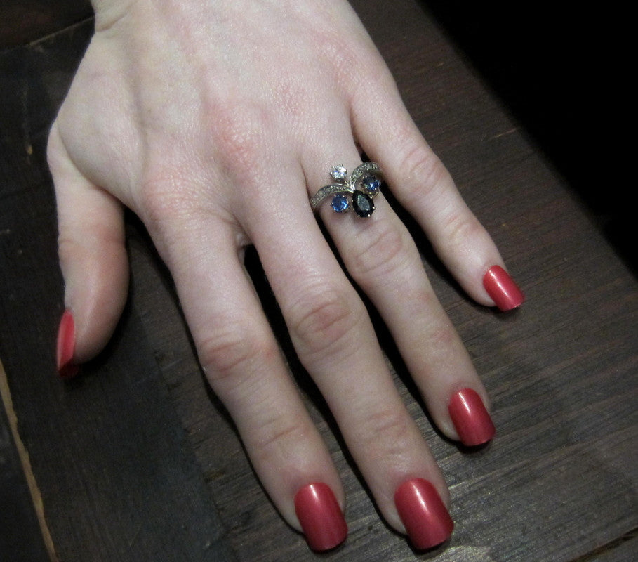 SOLD--Edwardian Sapphire and Diamond Tiara Ring Silver/14k c. 1900