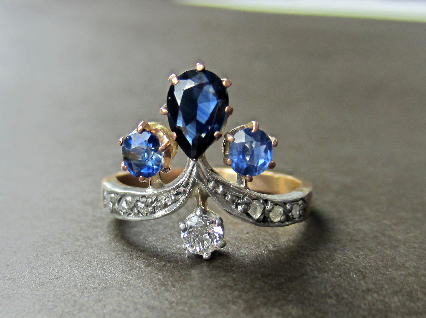 SOLD--Edwardian Sapphire and Diamond Tiara Ring Silver/14k c. 1900