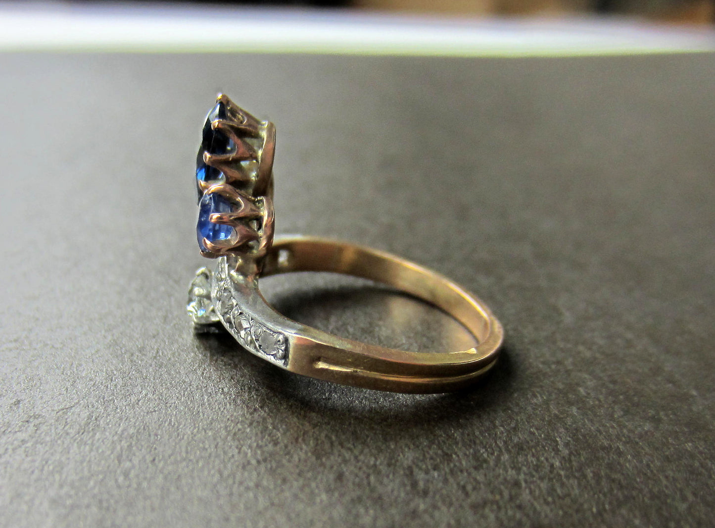 SOLD--Edwardian Sapphire and Diamond Tiara Ring Silver/14k c. 1900