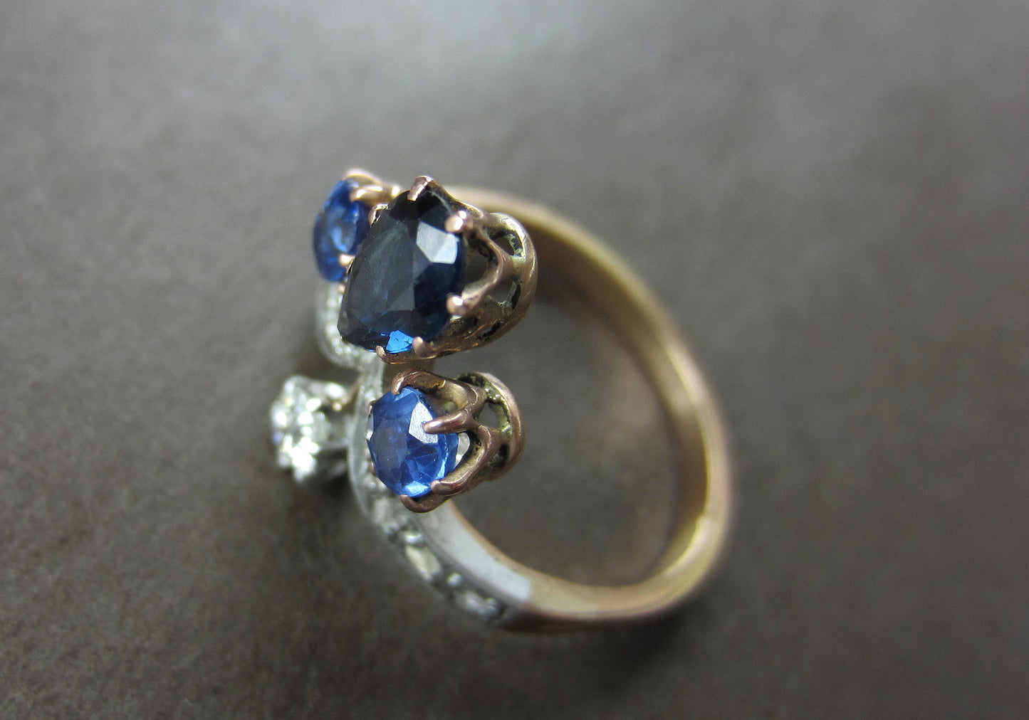 SOLD--Edwardian Sapphire and Diamond Tiara Ring Silver/14k c. 1900