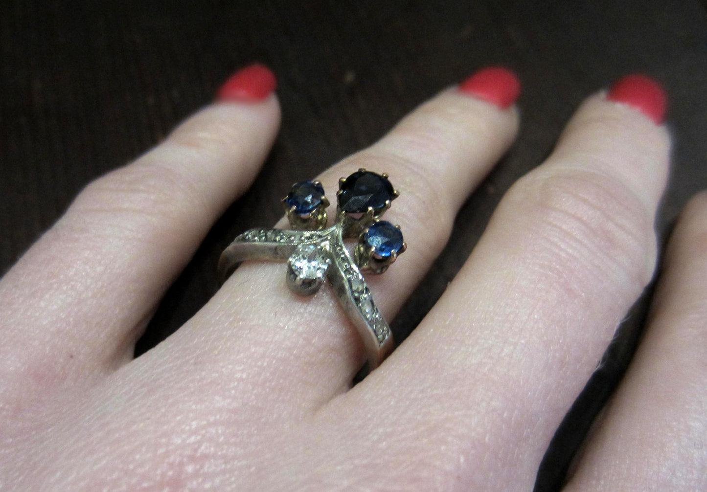 SOLD--Edwardian Sapphire and Diamond Tiara Ring Silver/14k c. 1900