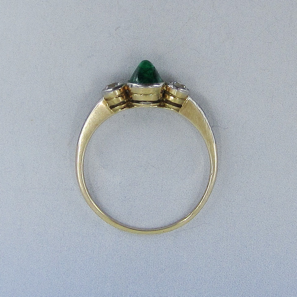 SOLD-Art Deco Cabochon Emerald and Old Euro Diamond Ring Platinum/14k c. 1930