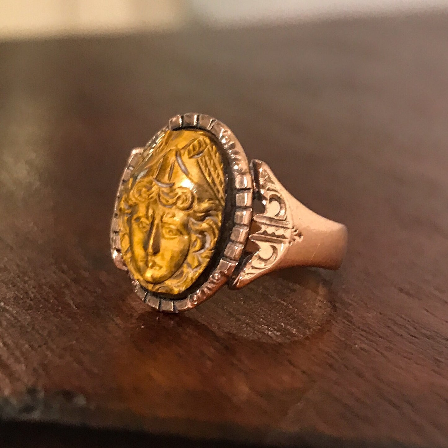 SOLD-Victorian Tiger's Eye Mercury Cameo Ring 10k c. 1880