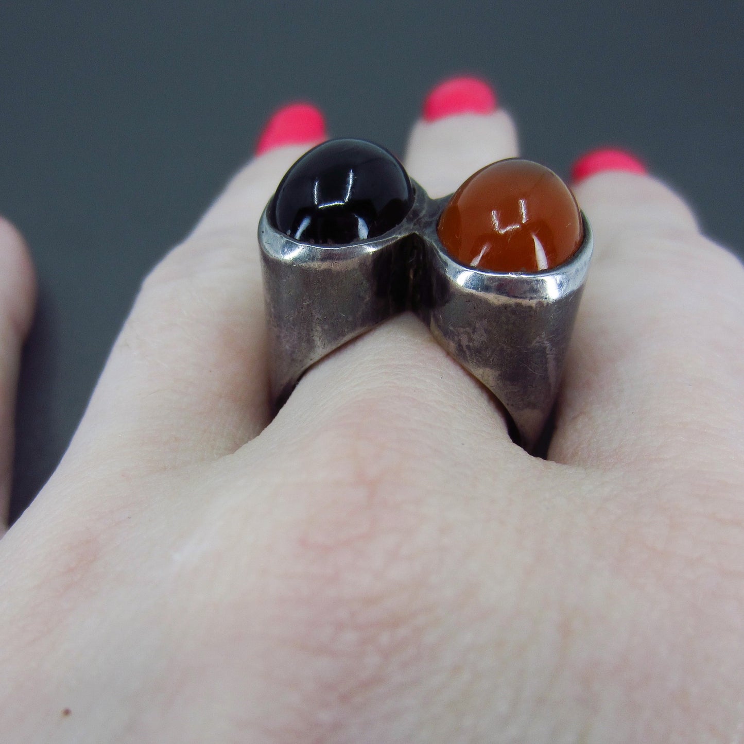 SOLD--Modernist Carnelian and Onyx Cabochon Ring Sterling c. 1970