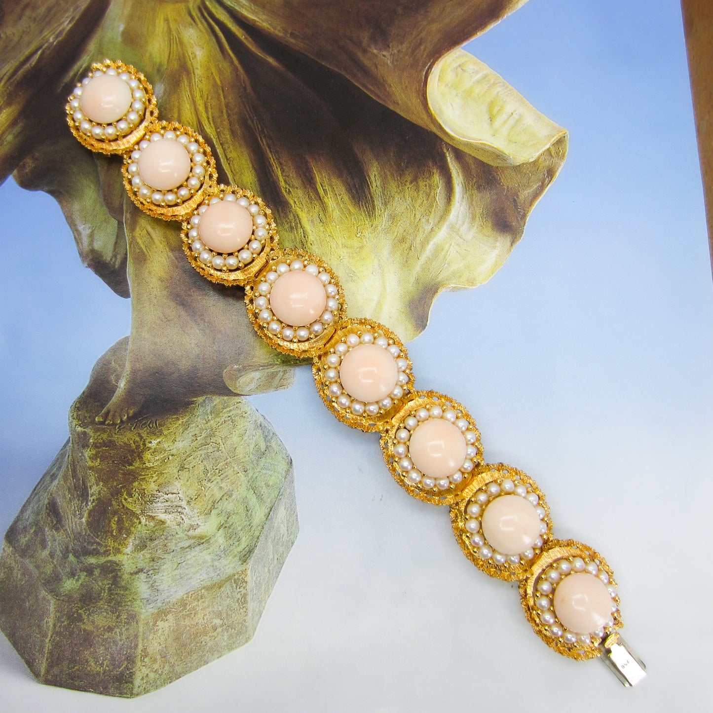 Gorgeous Mid-Century Angel Skin Coral and Pearl Bracelet 18k c. 1960