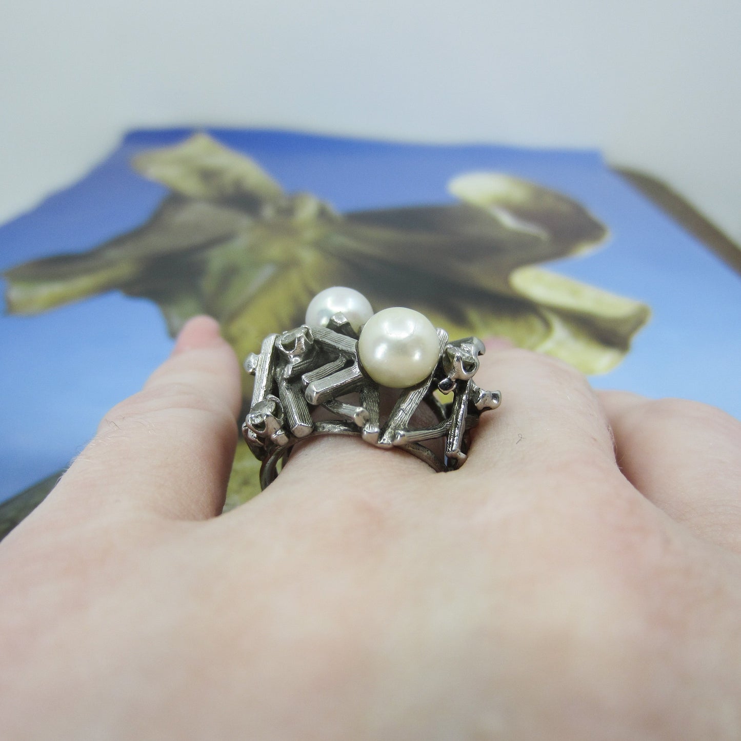 Brutalist Diamond And Pearl Ring 14k c. 1970