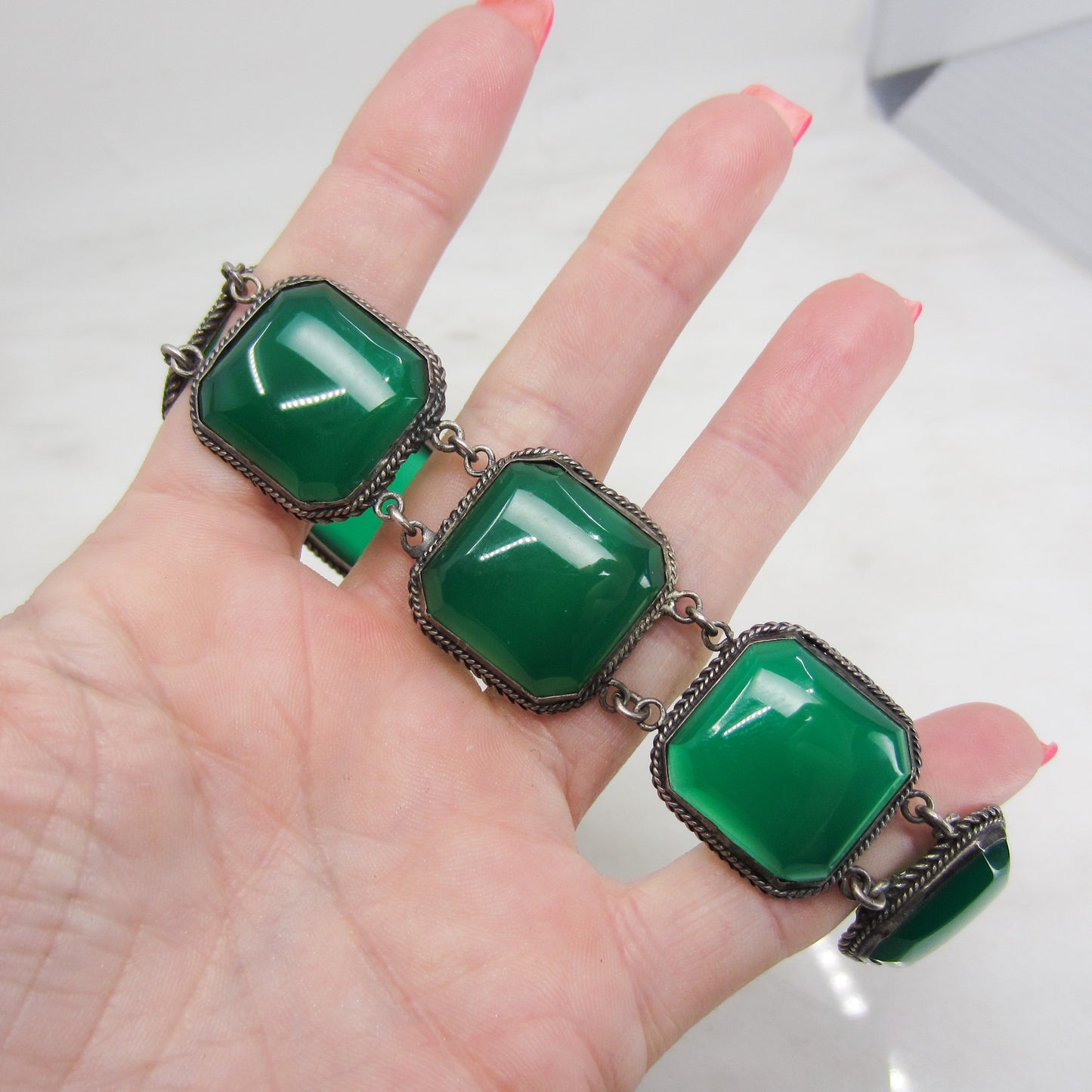 SOLD-Art Deco Green Chalcedony Bracelet Sterling c. 1930