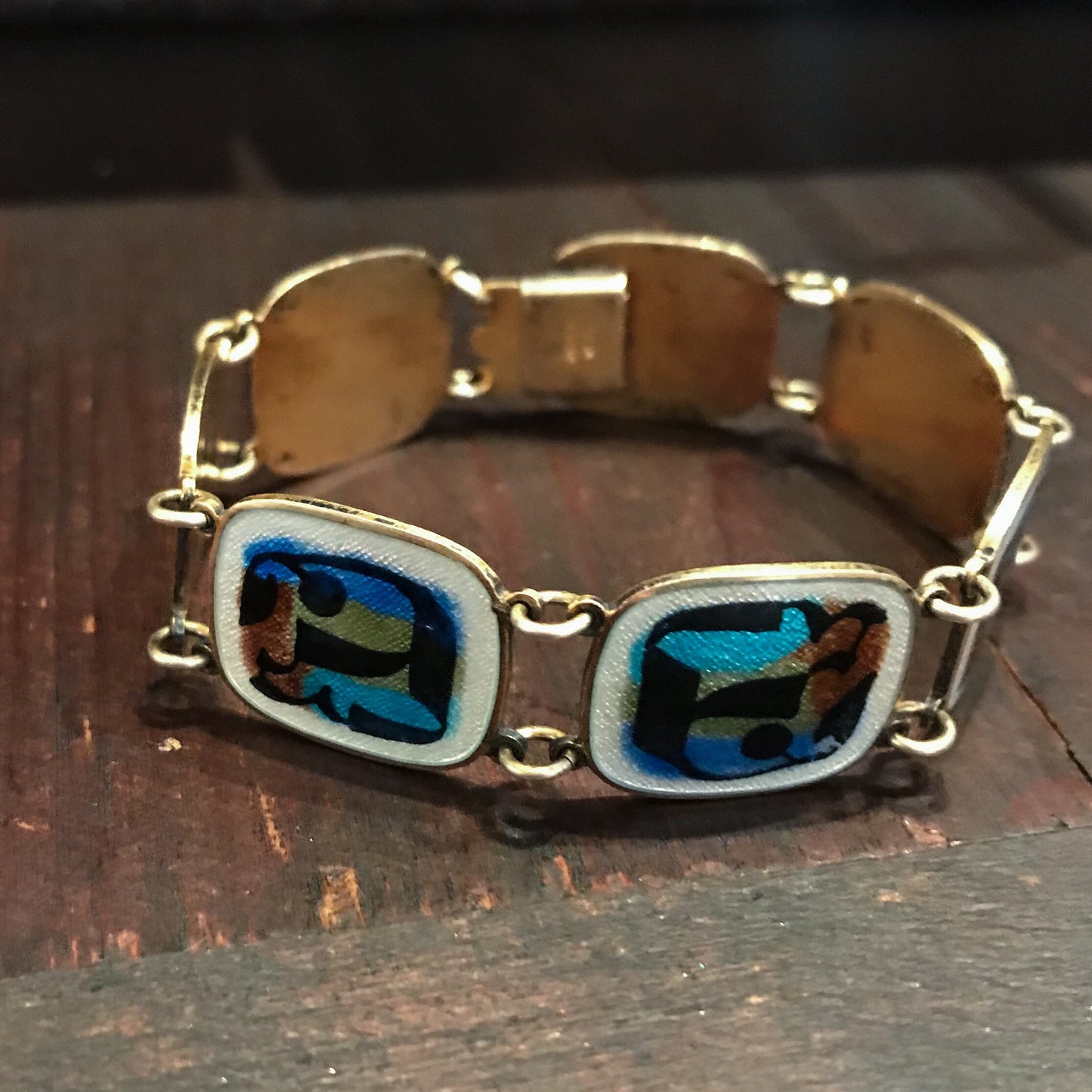 SOLD--Mid-Century Modernist Enamel Bracelet Gilt Sterling c. 1950