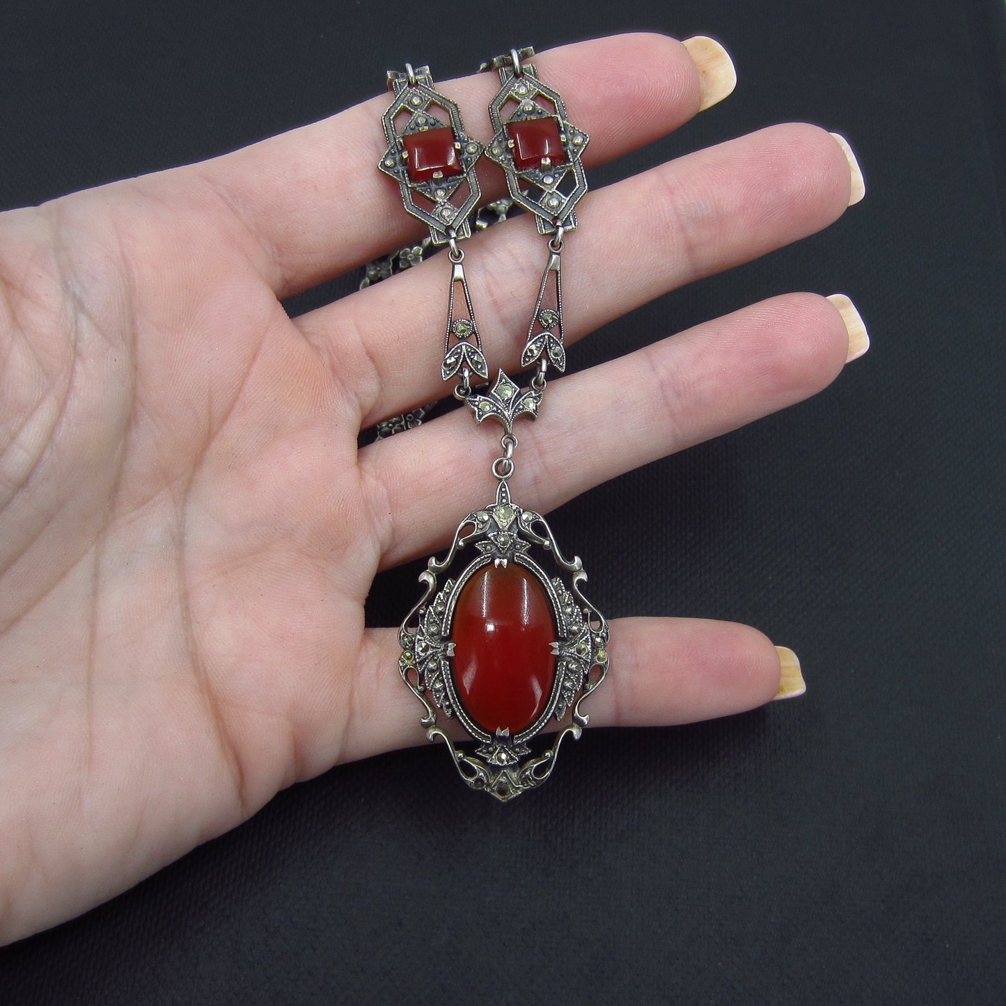 SOLD--Art Deco Carnelian and Marcasite Necklace Sterling c. 1930