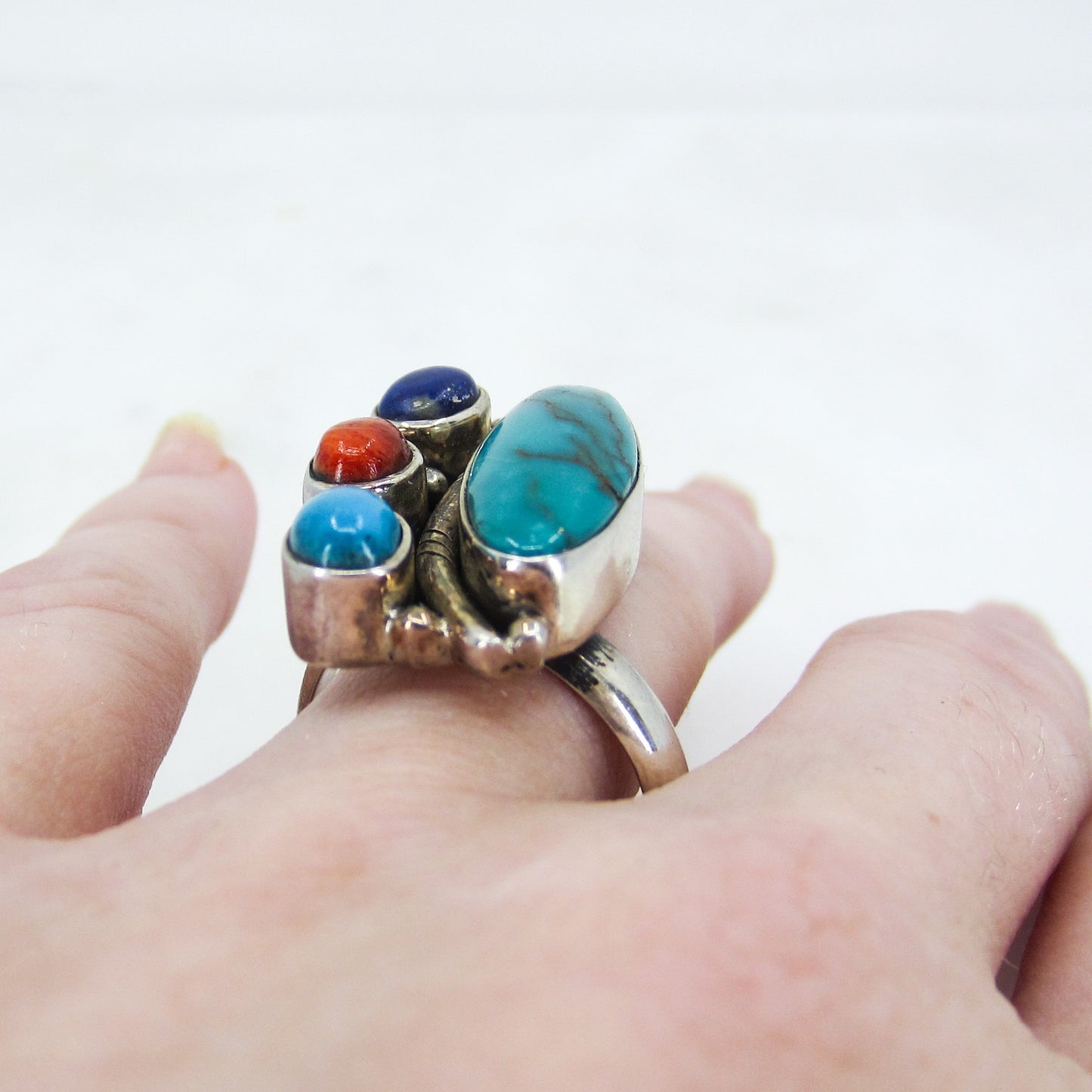 Vintage Big Turquoise, Spiny Oyster and Lapis Ring Sterling c. 1990