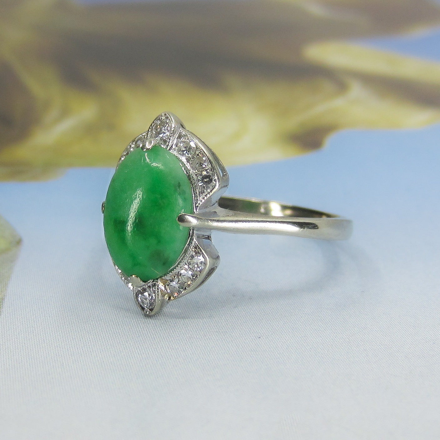 SOLD--Late Art Deco Jade and Diamond Ring 14k c. 1940