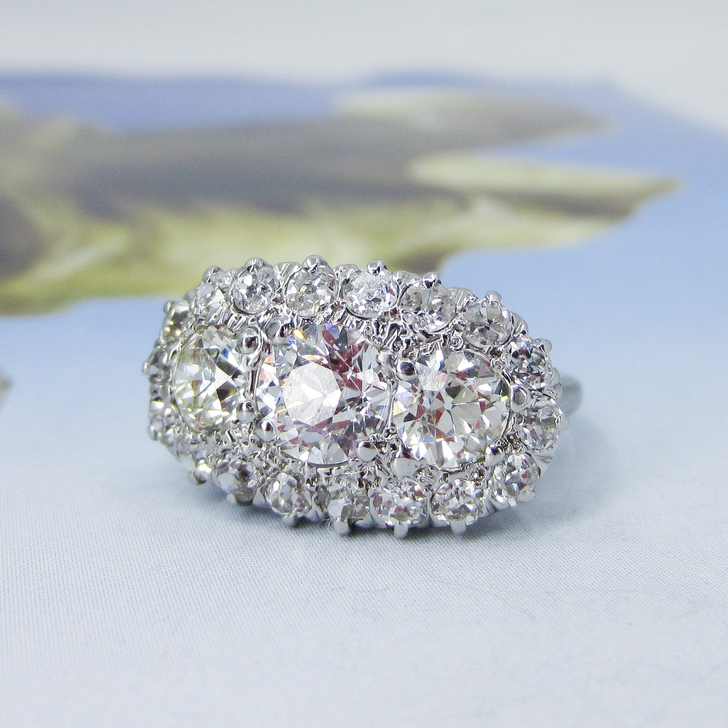 SOLD--Art Deco Old European Diamond 3.15ctw Cluster Ring 18k c. 1930