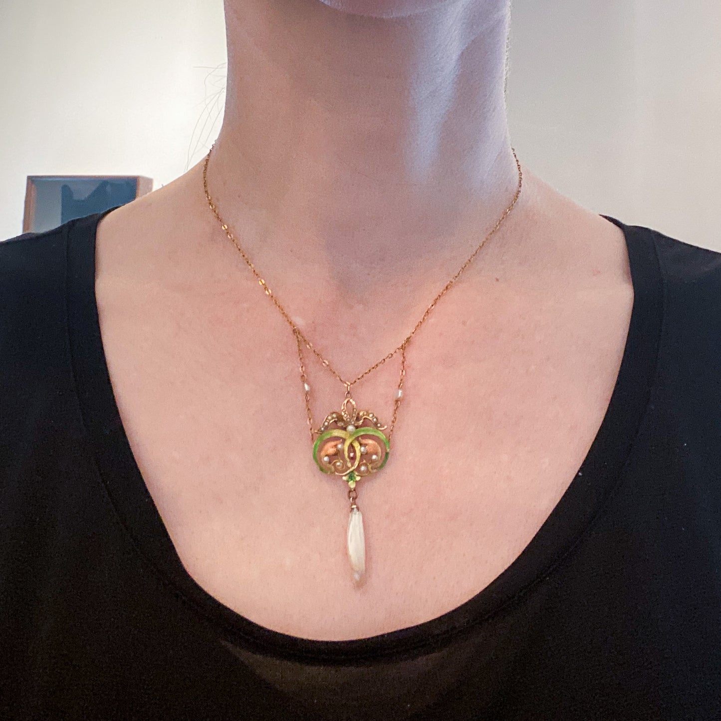 SOLD--Art Nouveau Enamel and Pearl Necklace 14k c. 1900