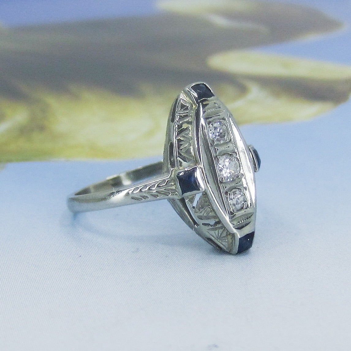 Art Deco Diamond and Sapphire Navette Ring 14k c. 1930