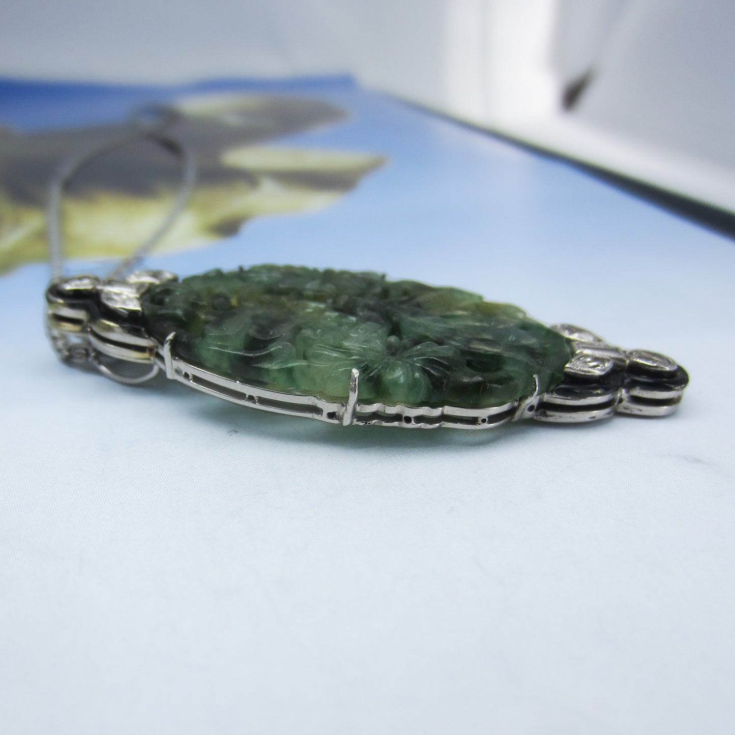 Art Deco Jade, Diamond and Enamel Pendant 14k c. 1930