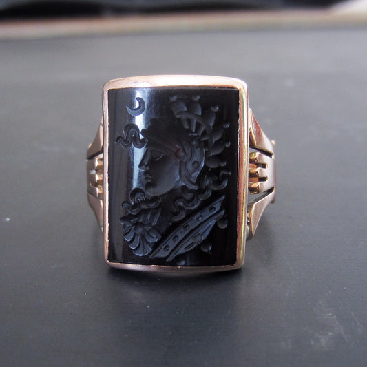 SOLD--Victorian Onyx Warrior Intaglio Ring 14k c. 1890