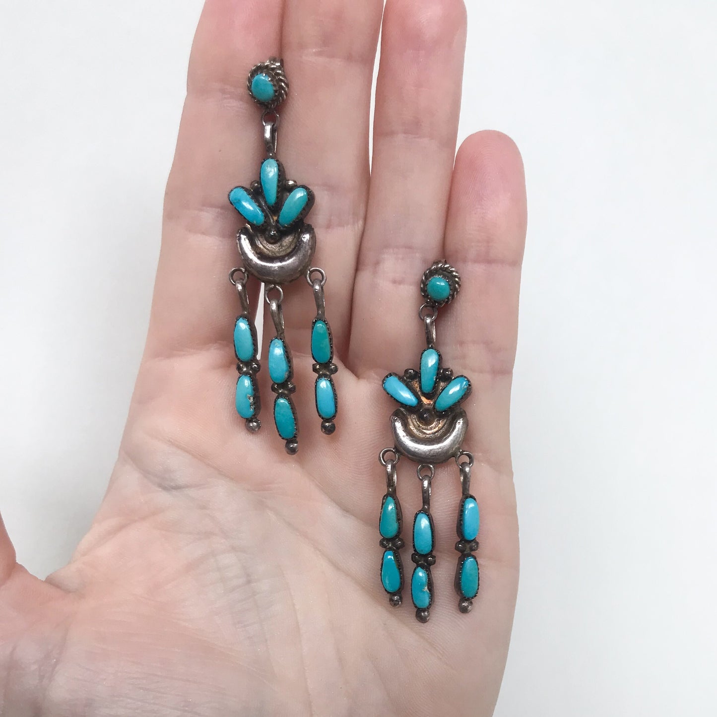 SOLD--Vintage Zuni Turquoise Fringe Drop Earrings Sterling c. 1960