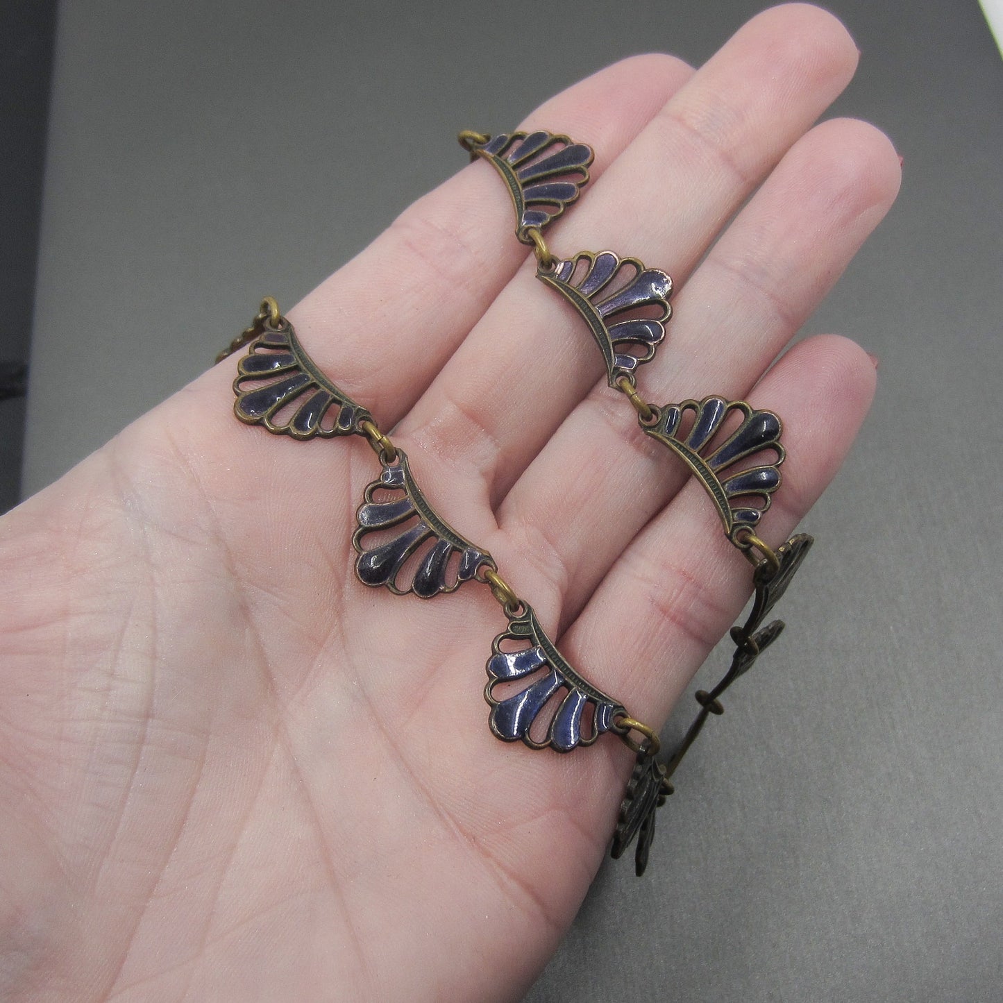 SOLD-Art Deco Purple Enamel Necklace Brass c. 1930