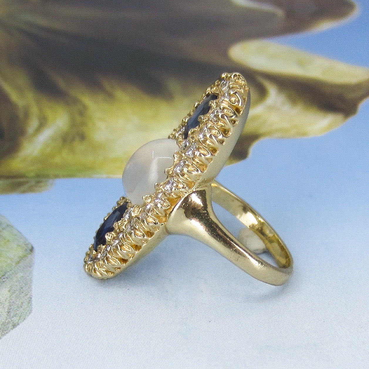 SOLD--Vintage Insane Moonstone, Sapphire and Diamond Navette Ring 14k c. 1950