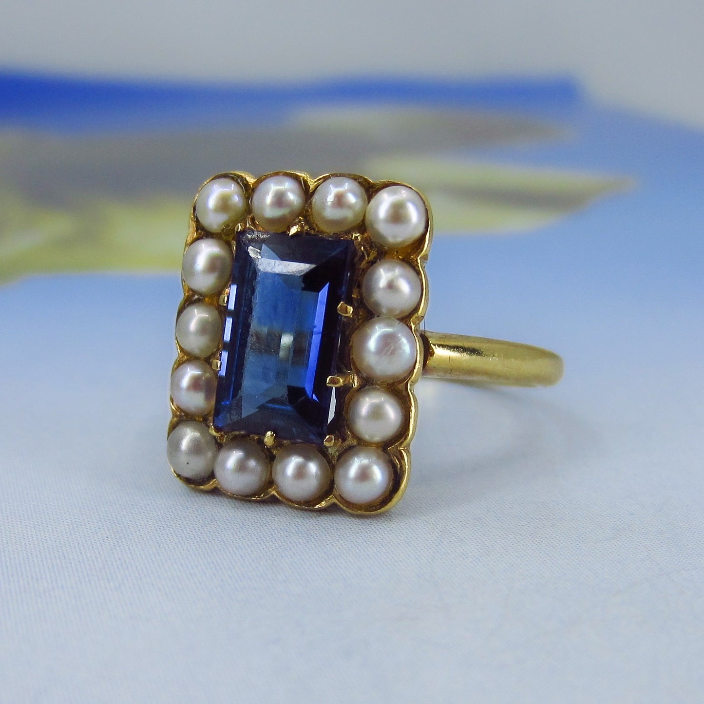 SOLD--Vintage Sapphire and Pearl Ring 18k c. 1960