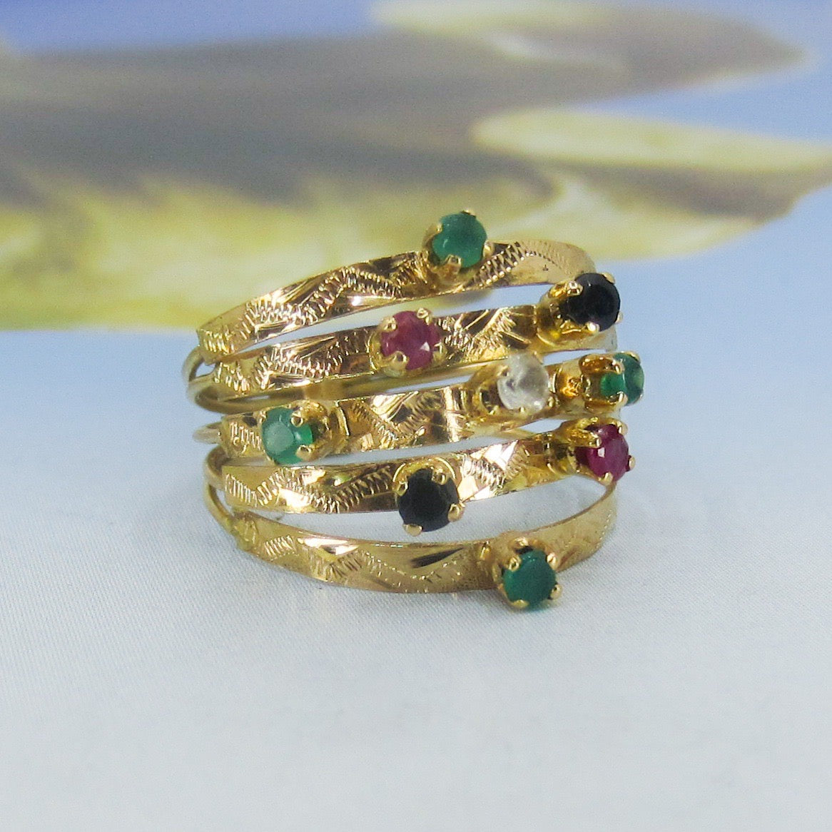 SOLD-Mid-Century Multi-Gem Harem Ring 18k, size 6 c. 1960