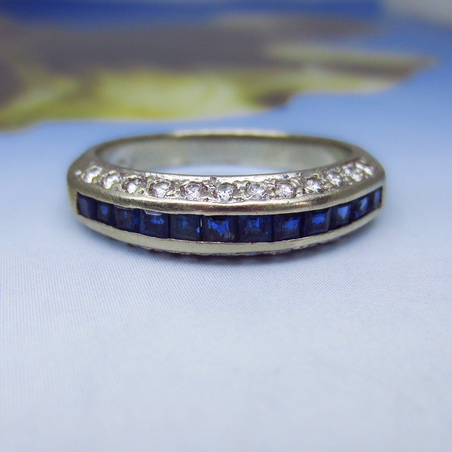 SOLD—Late Art Deco Sapphire and Diamond Band 14k c. 1940