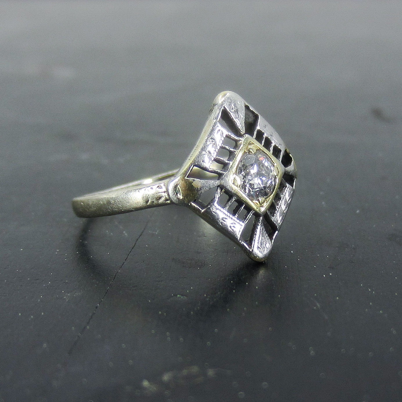 SOLD--Art Deco Old European .20ct Diamond Shaped Ring 18k c. 1930