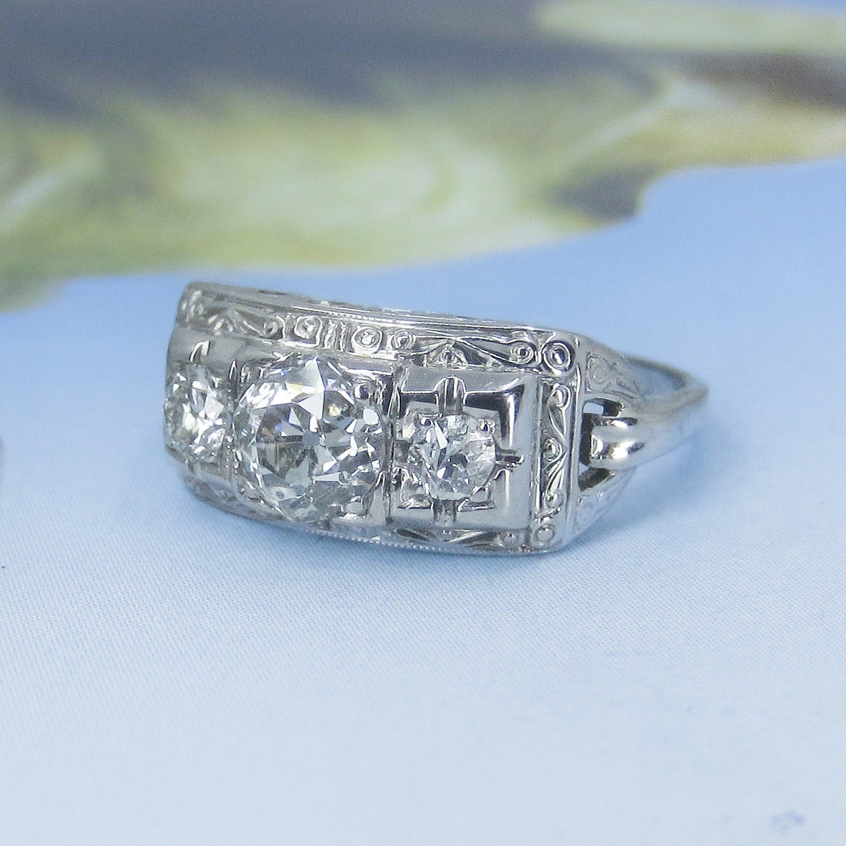 SOLD— Art Deco Three Stone Diamond 1.17ctw Ring 18k, Jabel c. 1930