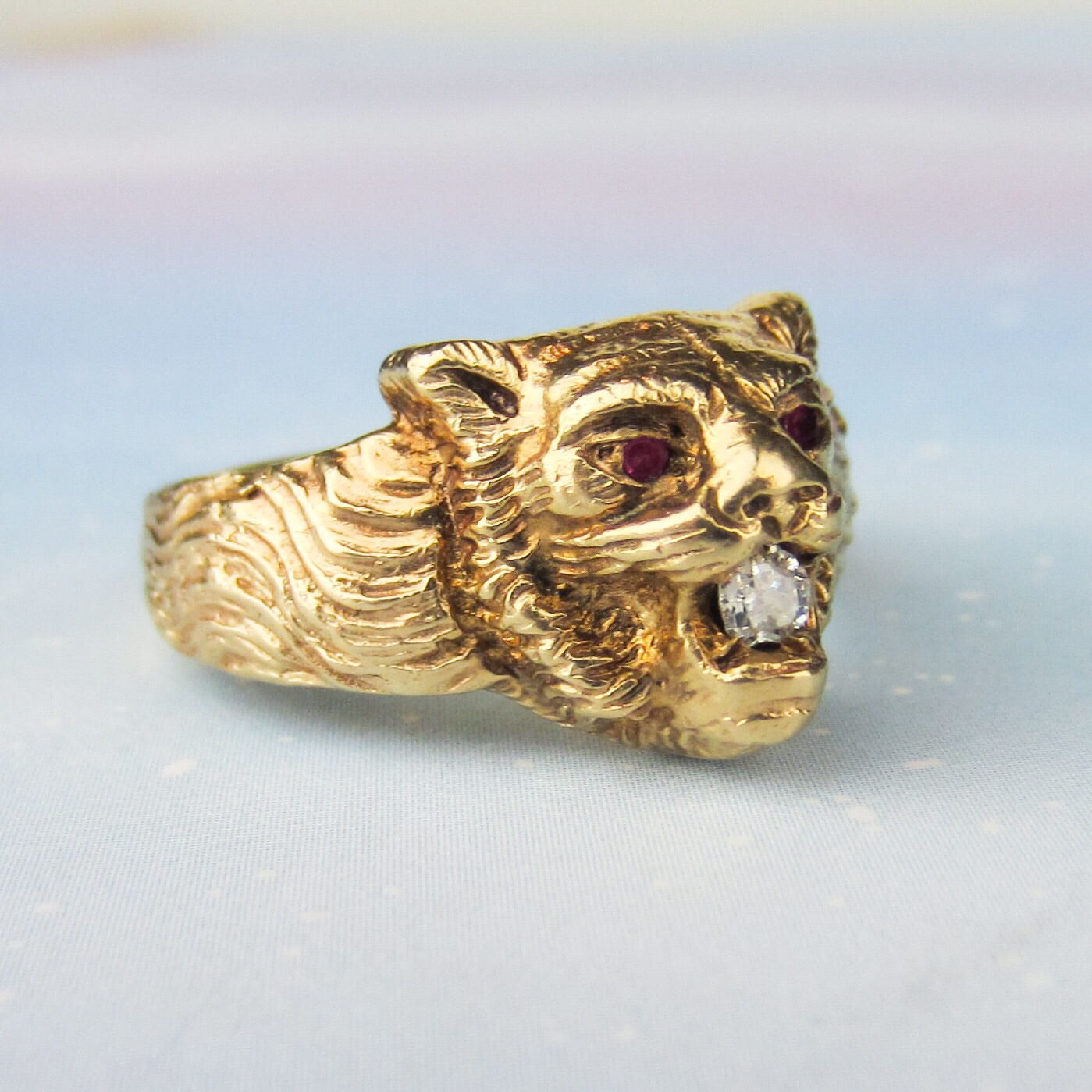 SOLD--Vintage Diamond and Ruby Lion Ring 14k c. 1940