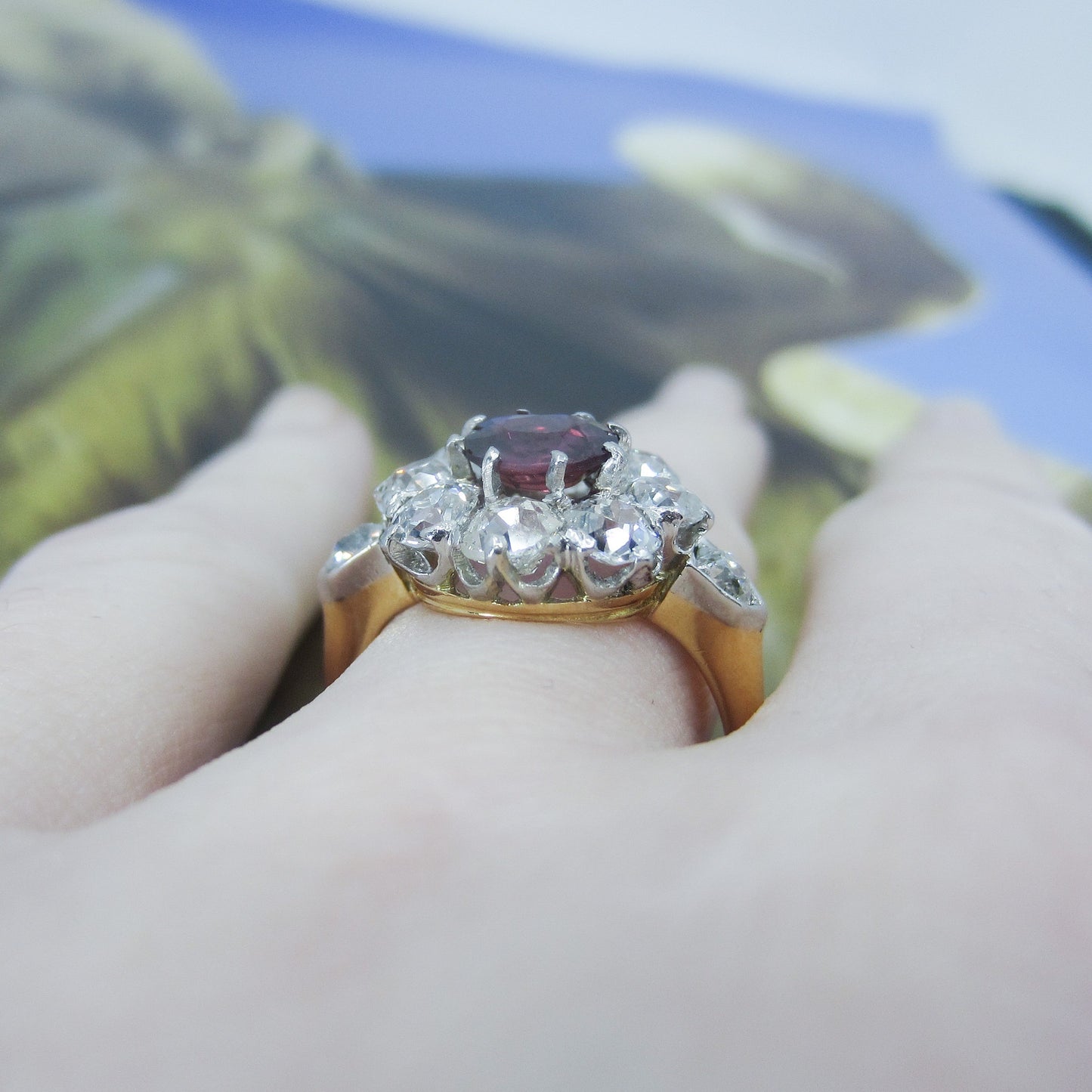 SOLD--Beautiful Edwardian Ruby and Old Mine Diamond Cluster Ring 14k/Plat c. 1900