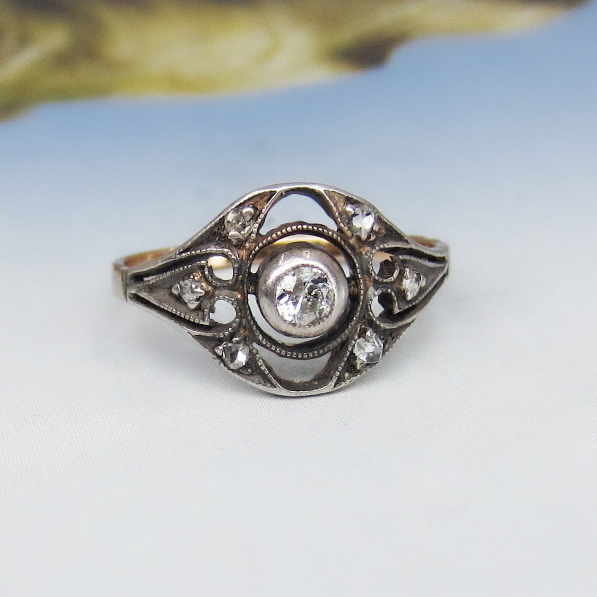 SOLD--Edwardian Diamond Openwork Ring Silver/14k, Austria c. 1910