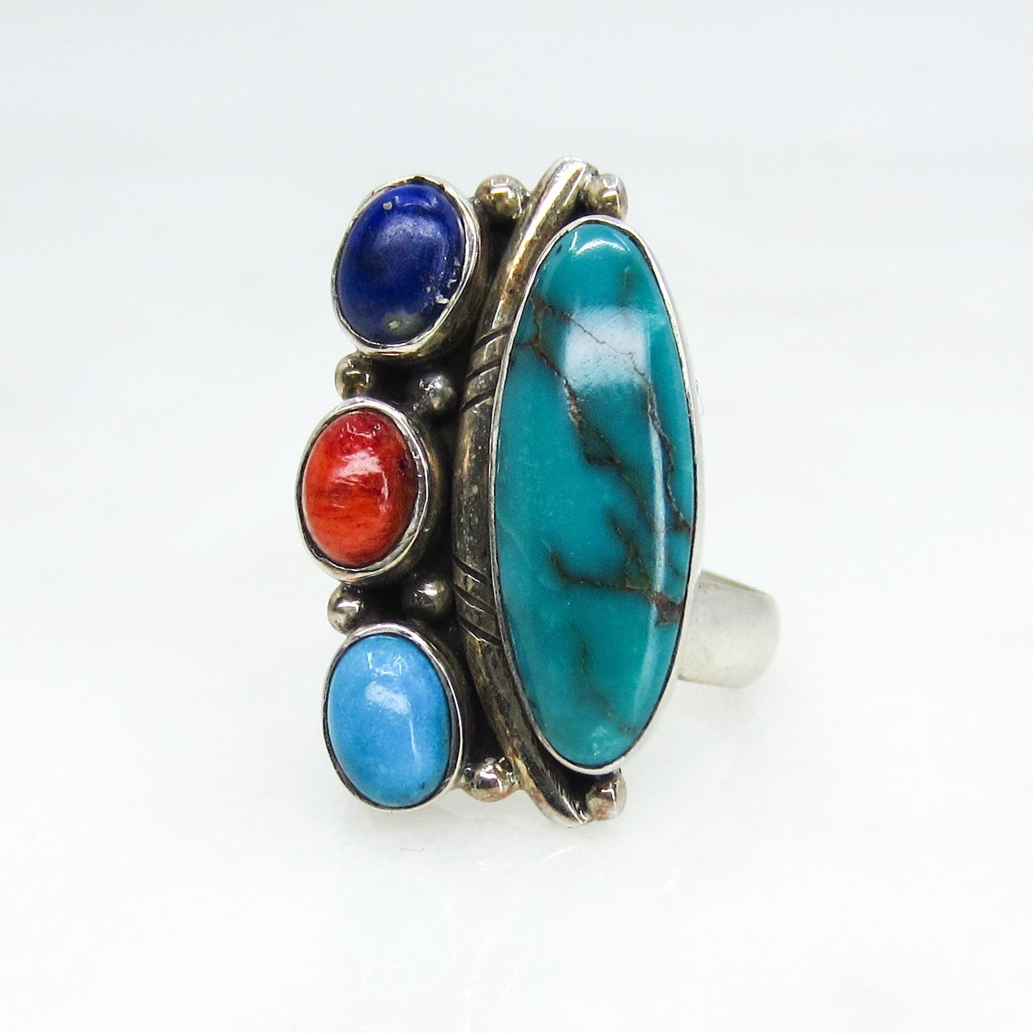 Vintage Big Turquoise, Spiny Oyster and Lapis Ring Sterling c. 1990