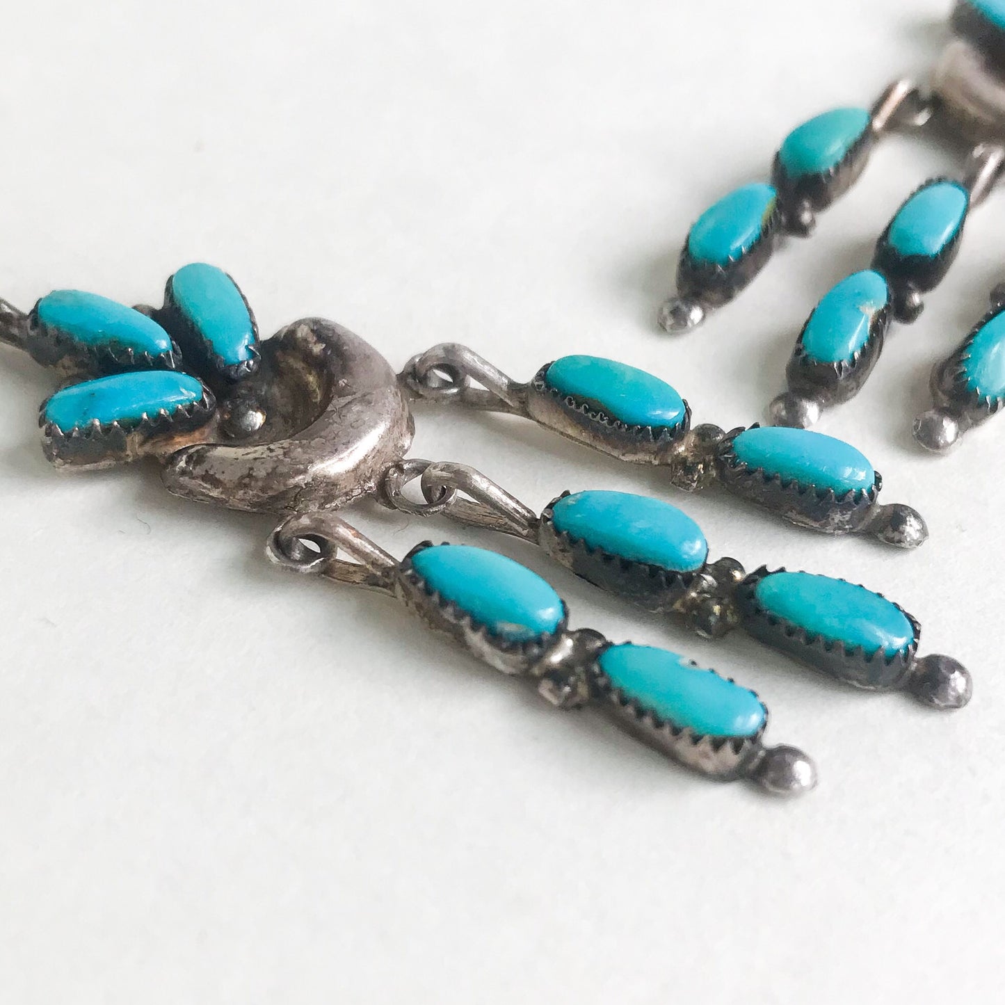 SOLD--Vintage Zuni Turquoise Fringe Drop Earrings Sterling c. 1960