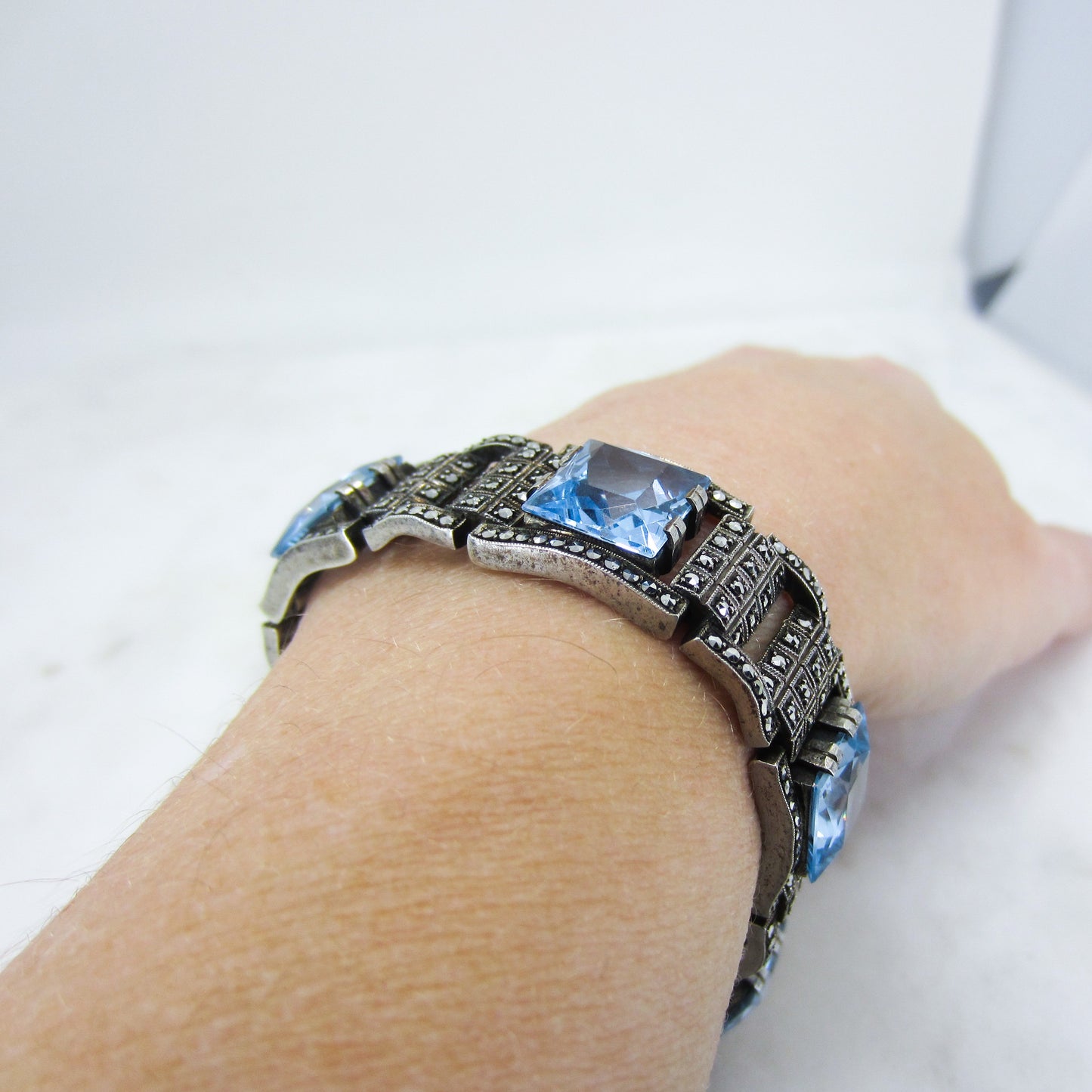 SOLD-Art Deco Theodor Fahrner Syn Blue Spinel and Marcasite Bracelet Sterling Silver, Germany c. 1940